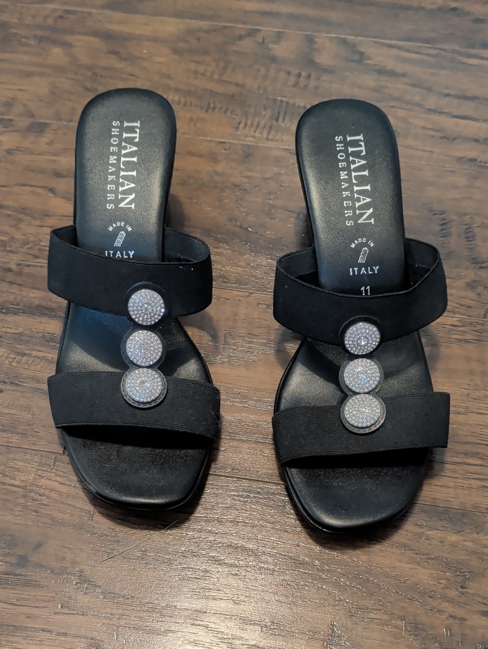 Italian Shoemakers Black Slide Sandals with Rhinestone Discs